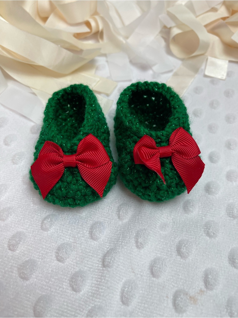 Green Baby Crochet Booties with Red Bow Accent